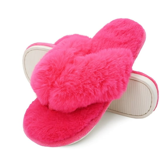 Onmygogo Fuzzy Indoor Flip-flop Slippers for Women Open Toe with Memory Foam, Soft Faux Fur Nonslip House Slippers(Rose,S)