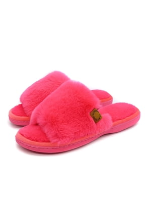 Fuzzy Indoor Slippers for Women Open Toe with Memory Foam, Soft Faux Fur Nonslip House Slippers(Rose,L)