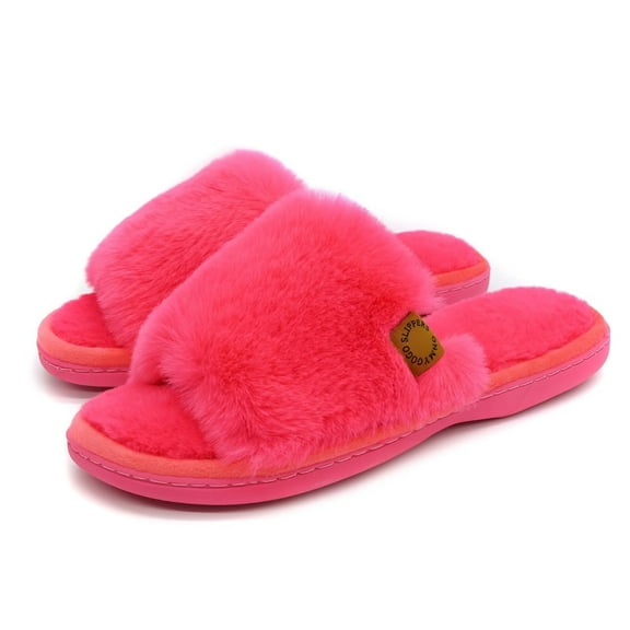 Onmygogo Fuzzy Indoor Slippers for Women Open Toe with Memory Foam, Soft Faux Fur Nonslip House Slippers(Rose,M)