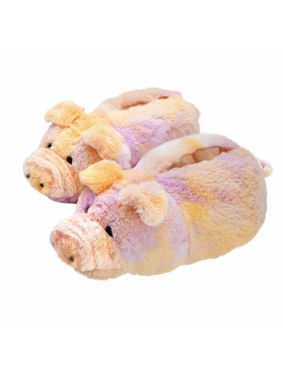 Fuzzy Winter Animal Unicorn Slippers, Plush House Slippers for Women and Men (US Size 7-9, Pig)