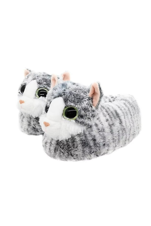 Indoor Fuzzy Winter Animal Cat Plush Slippers for Little Kids Boys Girls(Size 1-3, Grey)