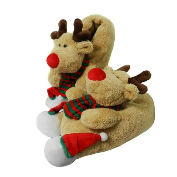 Onmygogo Indoor Fuzzy Winter Animal Christmas Moose Slippers for Women and Men(Women Size 7-9, Brown)