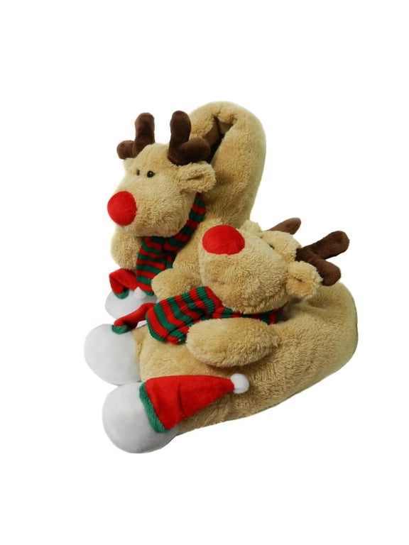 Indoor Fuzzy Winter Animal Christmas Moose Slippers for Women and Men(Women Size 7-9, Brown)