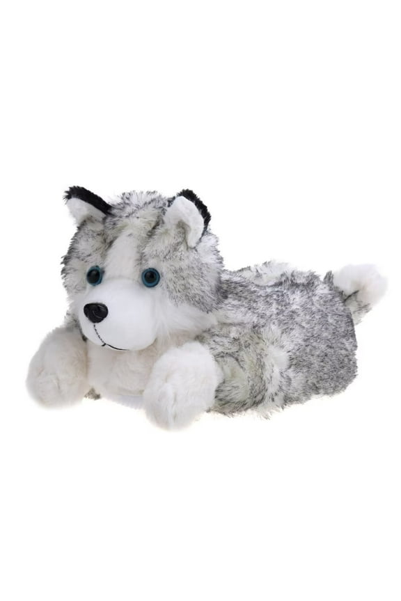 Indoor Fuzzy Winter Animal Dog Puppy Plush Slippers for Women and Men(Size 7-8.5, ligty grey husky)