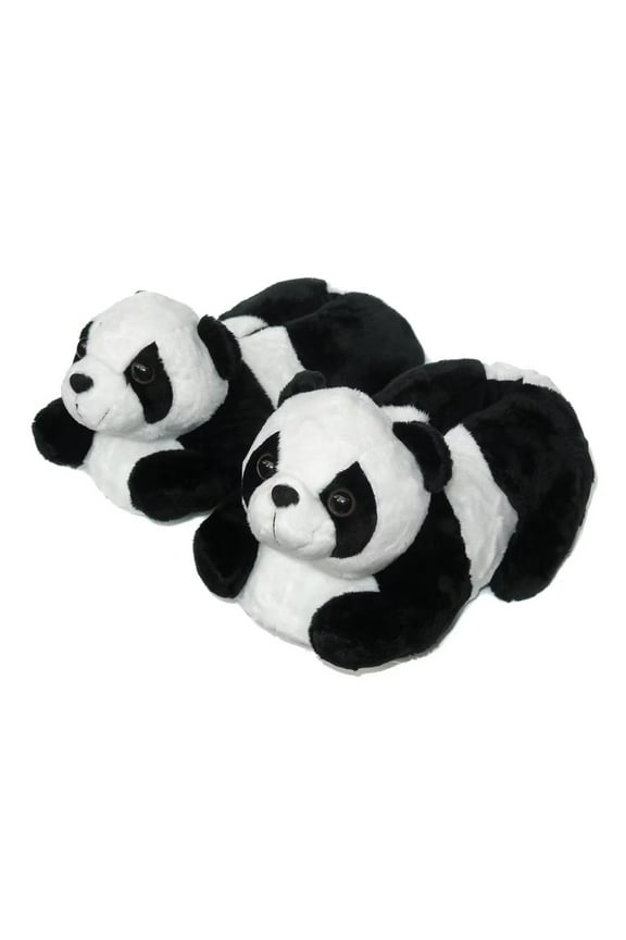 Indoor Fuzzy Winter Animal Panda Plush Slippers for Women and Men(US size 1-3, Black)