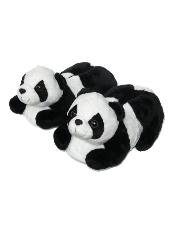 Indoor Fuzzy Winter Animal Panda Plush Slippers for Women and Men(US size 3-4, Black)
