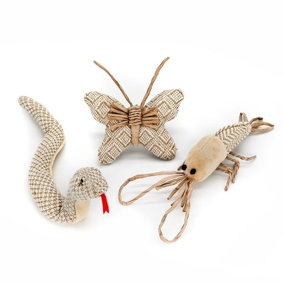 Onmygogo Interactive Catch Play Mouse Toy for Cat, Natural Ramie Linen Rat Bird Fish Toys(set of 3-butterfly,lobster,snake)