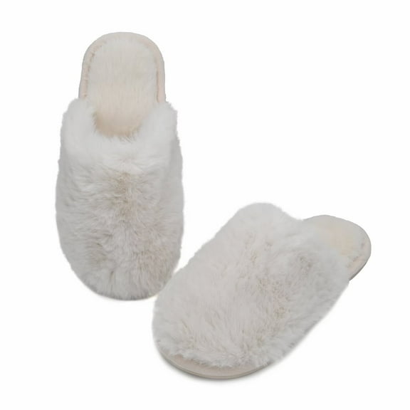 Onmygogo Women's Fluffy House Slippers, Faux Fur Memory Foam Winter Slippers, Slip-On Warm Slippers for Adult(beige,9-10)