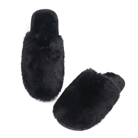 Onmygogo Women's Fluffy House Slippers, Faux Fur Memory Foam Winter Slippers, Slip-On Warm Slippers for Adult(black,9-10)