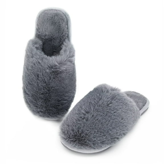 Onmygogo Women's Fluffy House Slippers, Faux Fur Memory Foam Winter Slippers, Slip-On Warm Slippers for Adult(grey,9-10)