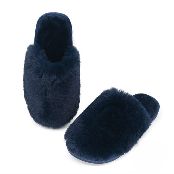 Onmygogo Women's Fluffy House Slippers, Faux Fur Memory Foam Winter Slippers, Slip-On Warm Slippers for Adult(navy,7-8)