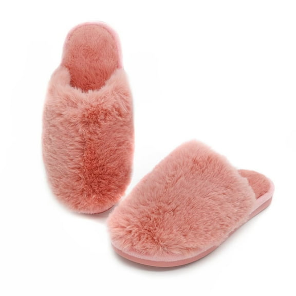 Onmygogo Women's Fluffy House Slippers, Faux Fur Memory Foam Winter Slippers, Slip-On Warm Slippers for Adult(pink,7-8)