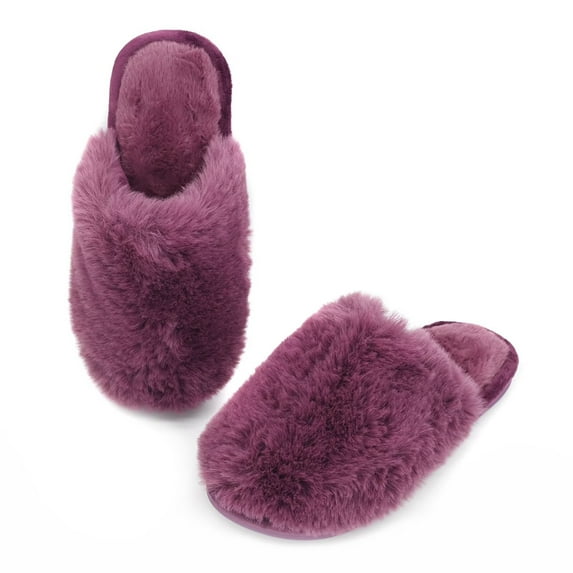 Onmygogo Women's Fluffy House Slippers, Faux Fur Memory Foam Winter Slippers, Slip-On Warm Slippers for Adult(purple,9-10)