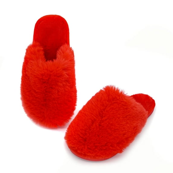 Onmygogo Women's Fluffy House Slippers, Faux Fur Memory Foam Winter Slippers, Slip-On Warm Slippers for Adult(red,5-6)