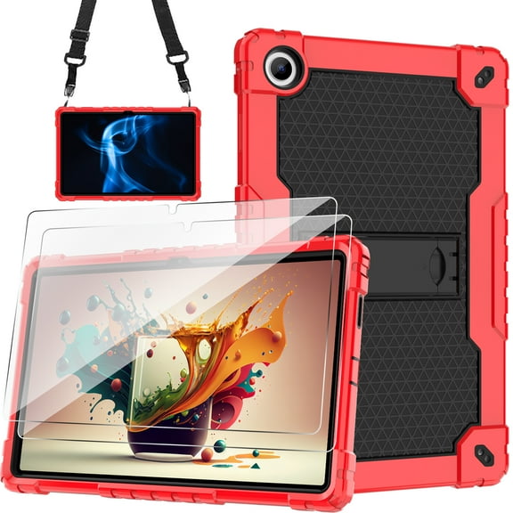 Onn 11 Tablet Pro Case with Tempered Glass Screen Protector SOATUTO Protective Cover with Kickstand Built in Shoulder Strap Shell Case for Onn Tablet Pro 11 2023 Model: 100110027 - Red+Black/2 Pcs