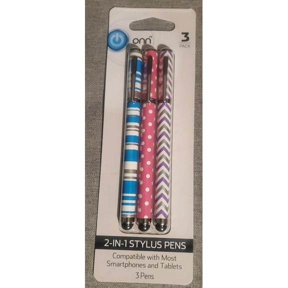 Onn 2 In 1 Stylus With Ballpoint Pen Blue Stripe Pink Dot Purple Zig Zag 3 Pack