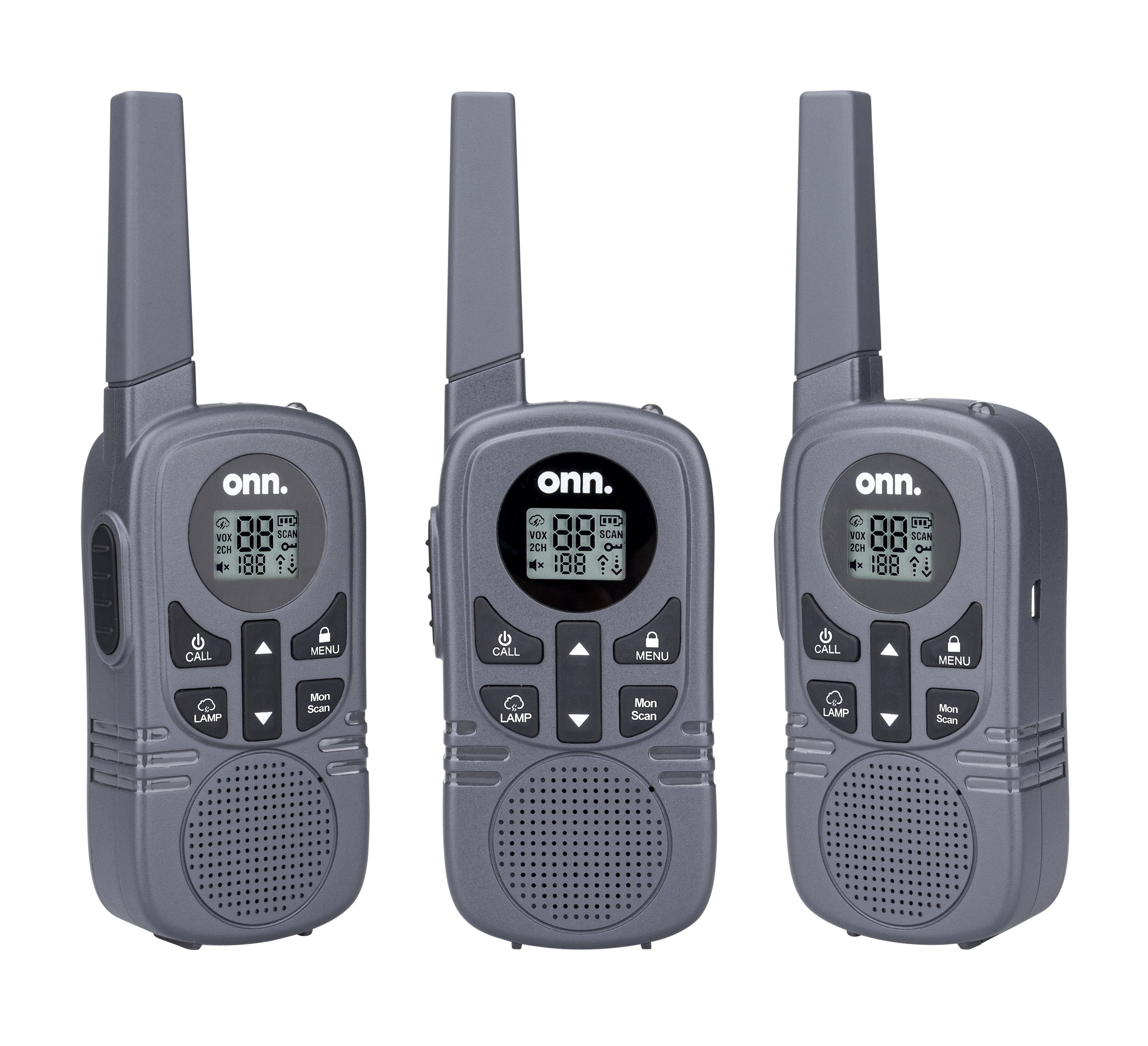 Onn. 23 mile Walkie Talkie 3 pack with Two Way Radios, LED Light, 22