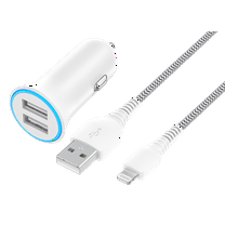 onn 24W Dual USB-A Port Car Charger With 3ft A-Lighting Cable, White - Compatible with iPhone 14/13/12/11/X/XR/XS/8/7/6/5, iPad, Airpods and more