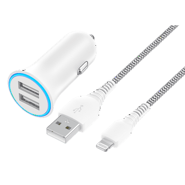 onn 24W Dual USB-A Port Car Charger With 3ft A-Lighting Cable, White - Compatible with iPhone 14/13/12/11/X/XR/XS/8/7/6/5, iPad, Airpods and more