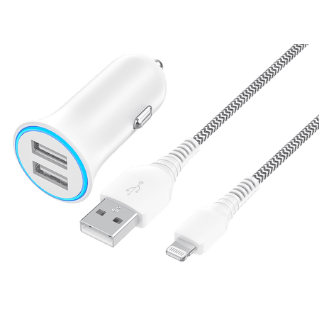 onn. 24W Dual USB-A Car Charger with 3 ft Braided Lightning to USB Cable, MFi Certified, White, for iPhone and iPad