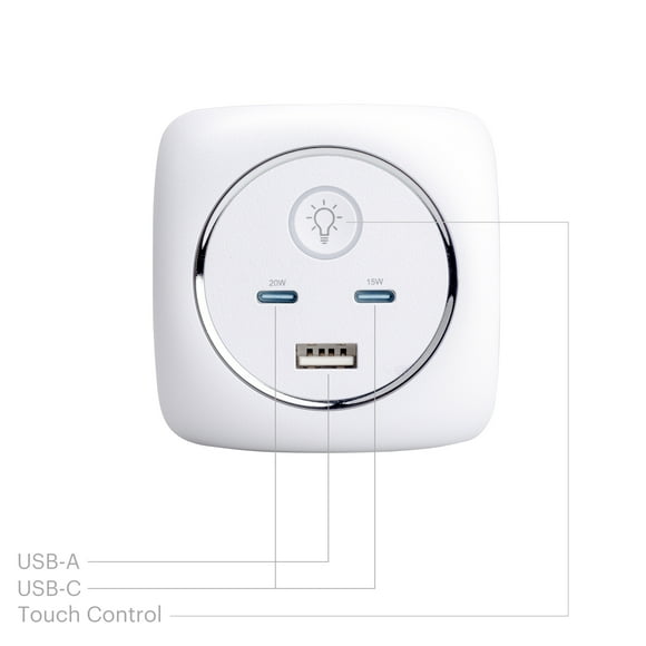 Onn. 45W Multi-Port Wall Charger, Fast Charging, dual USB-C ports and USB port, with Night-Light feature, White