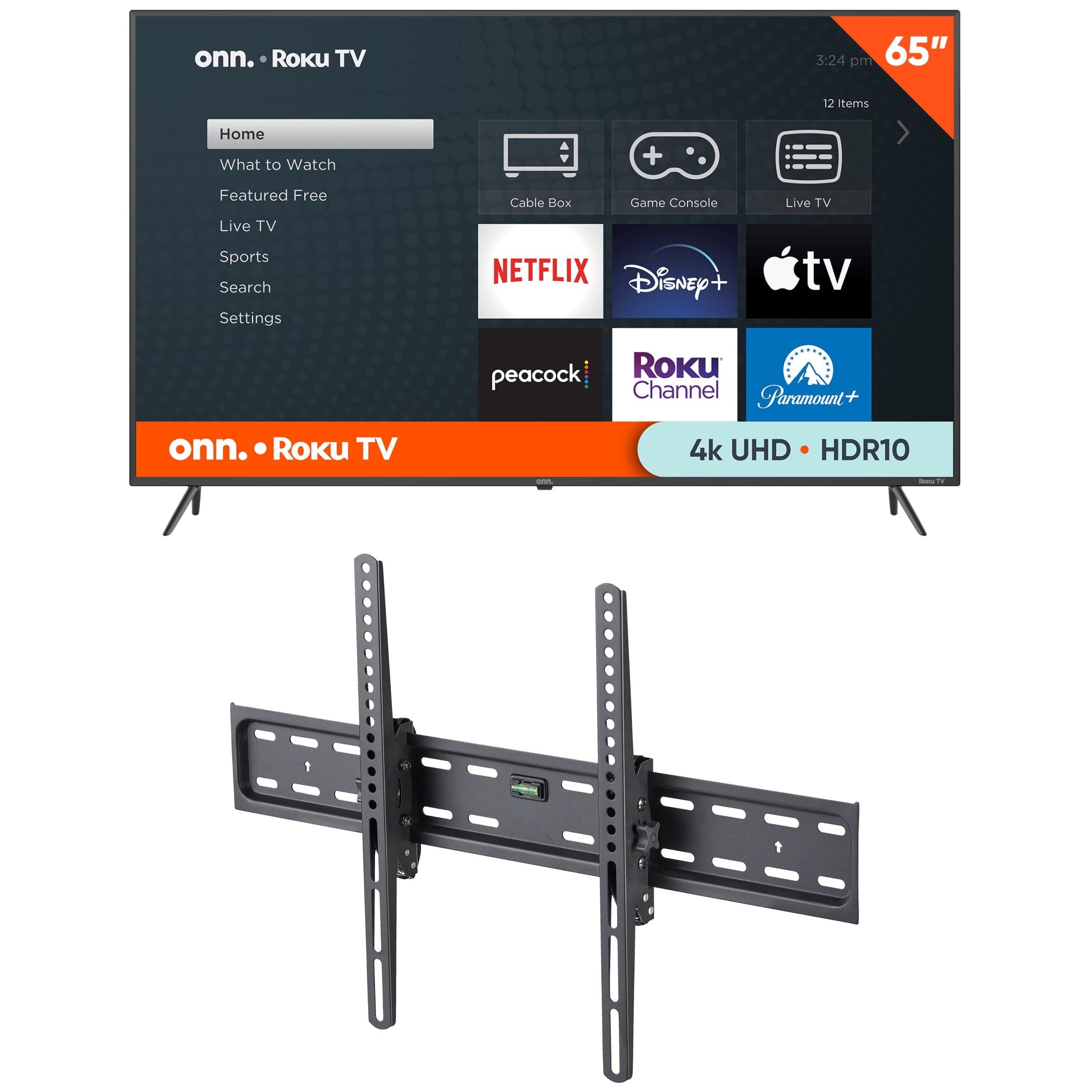 Onn 65" 4k Roku 4K with a onn. Tilting TV Wall Mount for 50" to 86" TV
