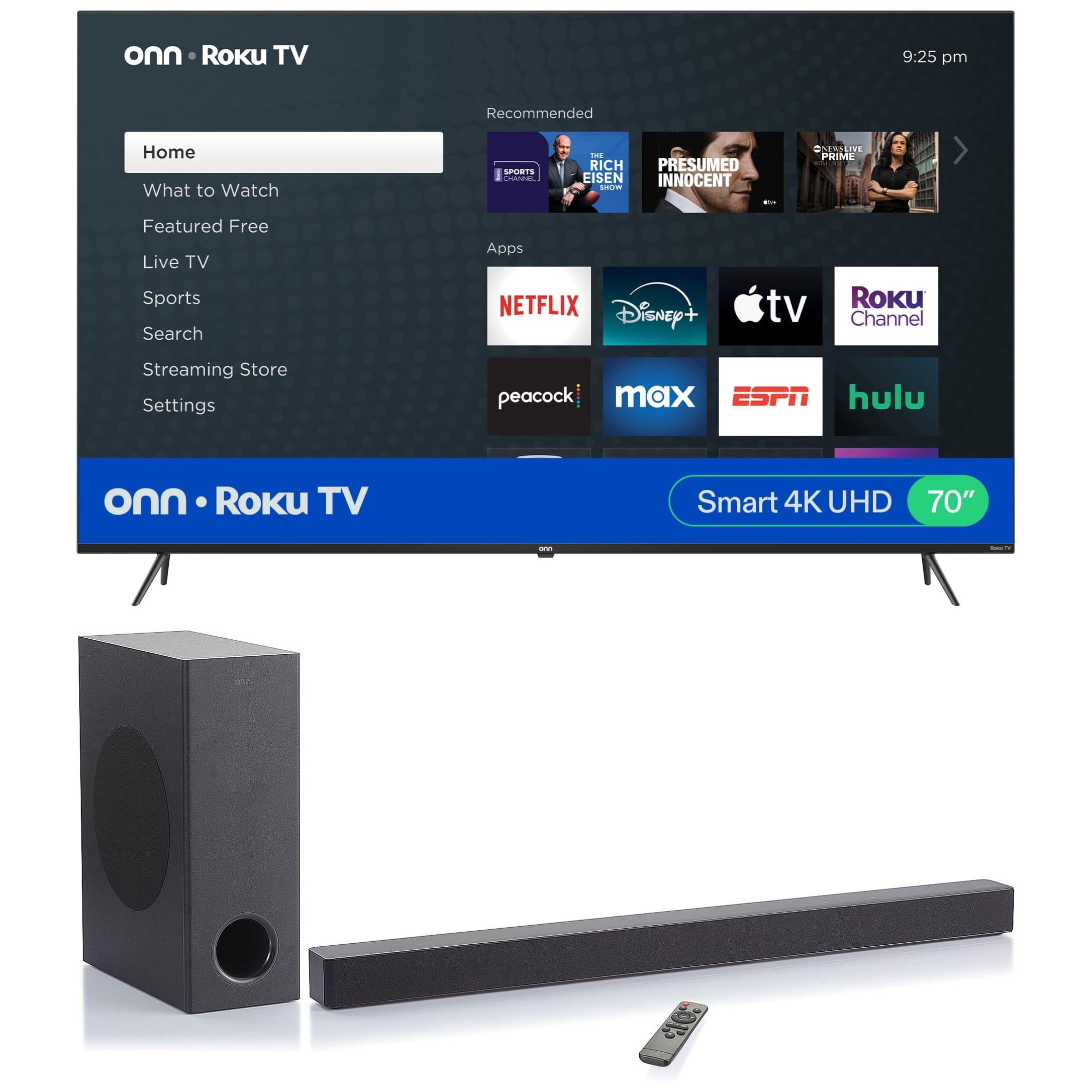 Onn. 70" 4K Roku TV with onn. 3.1 Atmos Soundbar with Wireless Subwoofer, 37"