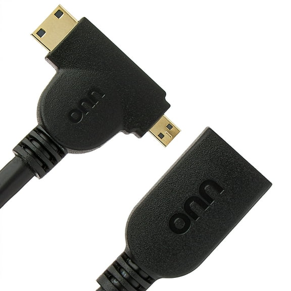 onn. Mini and Micro HDMI to HDMI Adapter, 4K 30Hz, Gold-Plated Connectors, Black