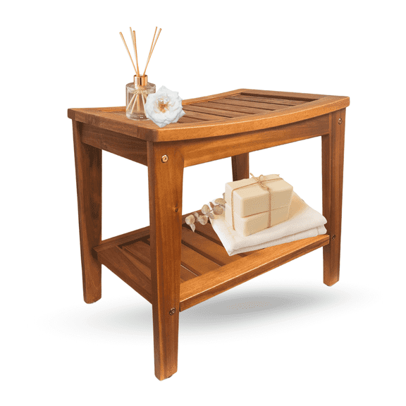 Onncom Acacia Shower Bench with Shelf 21 Inch, Wood Shower Stool & Spa, Bath Seat with Wood, Brown, 300 lb Limit
