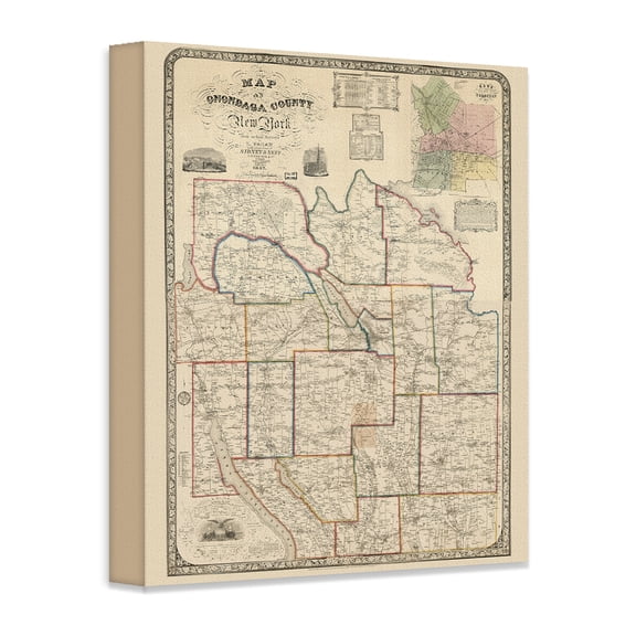 Onondaga County New York 1852 Antique Map 18x24 Stretched Canvas Poster Ready to Hang Vintage Cartography Syracuse Region Historic Atlas County Survey Wall Art Decor for Home Office Library