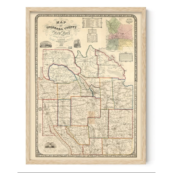 Onondaga County New York 1852 Antique Map 24x36 Framed Poster Ready to Hang Vintage Cartography Syracuse Region Historic Atlas County Survey Wall Art Decor for Home Office Library