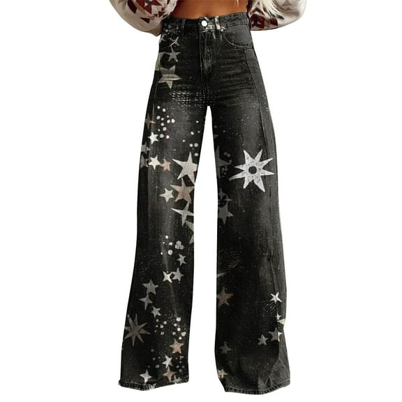 Onqubzoe Wide Legged Pants for Women Wide-legged Trousers Women's Vintage Print Casual Wide Leg Pants Women High Waist Trouser Pants Black M