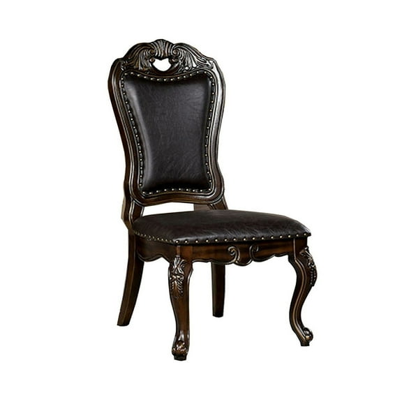 Benjara Ons 23 Inch Carved Dining Chair, Set of 2, Nailhead Trim Brown Faux Leather
