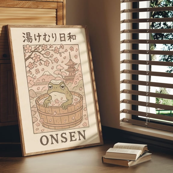 Onsen Frog Sakura Bathhouse Japanese Spa Wall Art, Unframed Paper Poster 8x10in