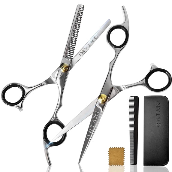 Ontaki 7 inch Professional Hair Cutting & Thinning Scissors Set Japanese Steel Silver Barber Kit