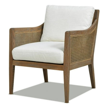 Ontario 24.5" Oak & Rattan Upholstered Accent Arm Chair Natural White Linen