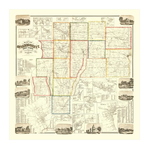 Ontario County New York Art, 1859 Vintage Map of Ontario County NY History Wall Decor Gift, Old Ontario County NY Map - 30" x 30" Unframed Print