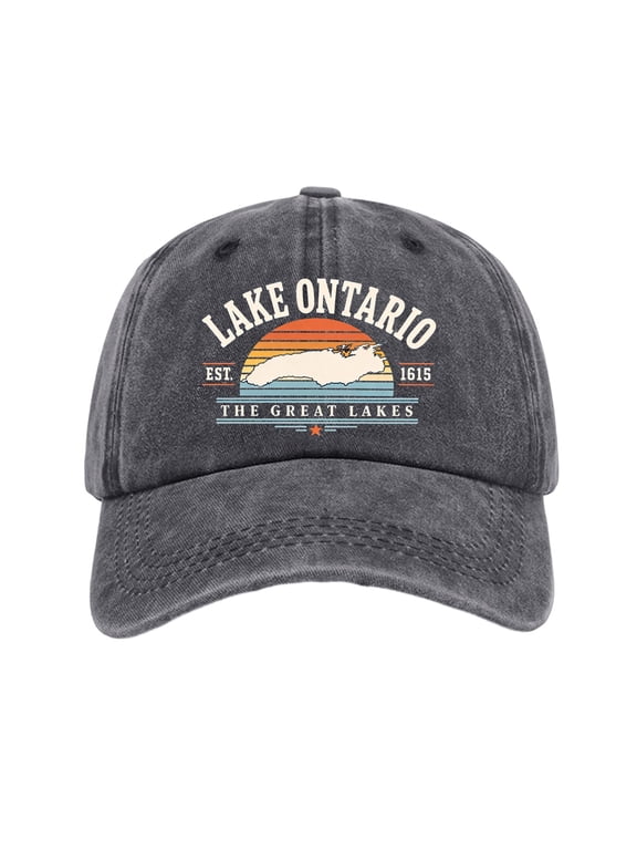 Ontario Lake Washed Cotton Baseball Caps for Men Women,3D Embroidery Breathable Retro Adjustable Dad Hats, Curved Brim Ball Caps for Daily Wear