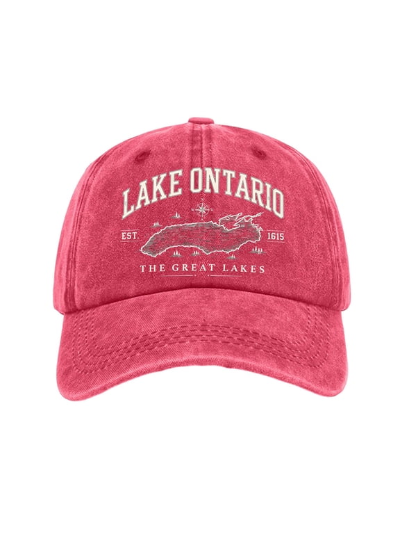 Ontario Lake Washed Cotton Baseball Caps for Men Women,3D Embroidery Breathable Retro Adjustable Dad Hats, Curved Brim Ball Caps for Daily Wear