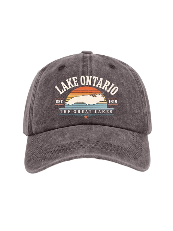 Ontario Lake Washed Cotton Baseball Caps for Men Women,3D Embroidery Breathable Retro Adjustable Dad Hats, Curved Brim Ball Caps for Daily Wear