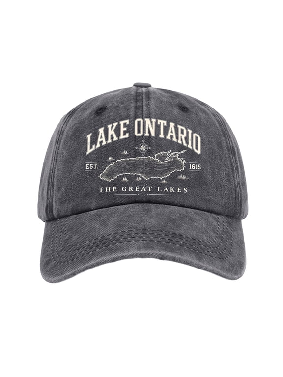 Ontario Lake Washed Cotton Baseball Caps for Men Women,3D Embroidery Breathable Retro Adjustable Dad Hats, Curved Brim Ball Caps for Daily Wear