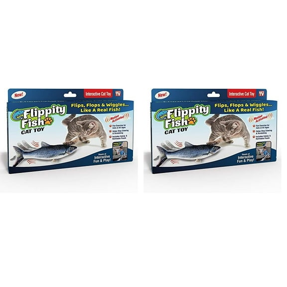 Ontel Flippity Fish Interactive Cat Toy with Catnip & Fishing Pole - Touch Activated, Rechargeable Pet Toy to Help Reduce Stress & Bad Behavior - As Seen on TV (Pack of 2)