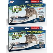 Ontel Flippity Fish Interactive Cat Toy with Catnip & Fishing Pole - Touch Activated, Rechargeable Pet Toy to Help Reduce Stress & Bad Behavior - As Seen on TV Pack of 2
