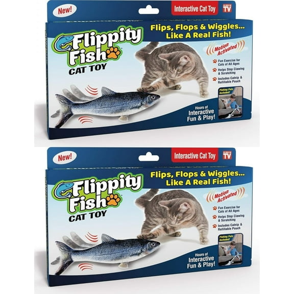 Ontel Flippity Fish Interactive Cat Toy with Catnip & Fishing Pole - Touch Activated, Rechargeable Pet Toy to Help Reduce Stress & Bad Behavior - As Seen on TV (Pack of 2)