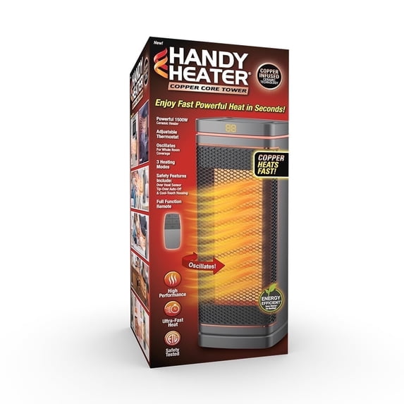 Handy Heater Copper Core Tower Space Heater (1500 W), Oscillating, Ceramic Technology, Adjustable Thermostat, Quiet Operation, Remote Control, Portable Heater for Indoor Use