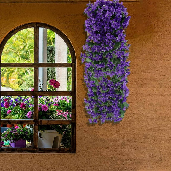 Ontiwes Simulated Violet Rose Bouquet, Artificial Silk Flowers with Rattan Vine & Moss Base, 35inch Long for Outdoor/Indoor Decor, Hanging Baskets & Landscaping, 1 Piece