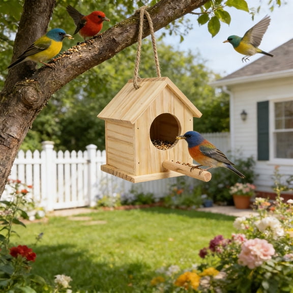 Ontiwes Solid Wood Bird House Breeding Box, Natural Wood Bird Feeder & Nesting Box for Budgies, Finches, Starlings, Cabin Style with Hinged Roof, 1 Count