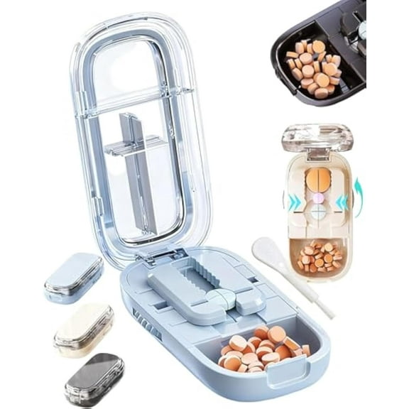 Onvarious Adjustable Pill Cutter and Splitter for Multiple Pills, Pill Splitter with Centering Device for Cutting Small Large Tiny Pills at a Time in 1/4 1/2 with Storage for Home Travel (Blue)