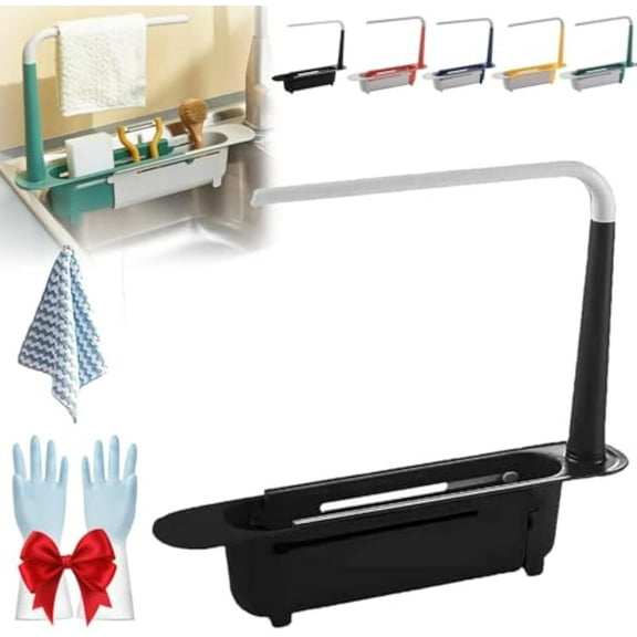 Onwddarefy Sink Storage Rack,Onddarefy Updated Telescopic Sink Storage Rack Adjustable,Multipurpose Kitchen Sink Organizer with Towel Hanger (Black)