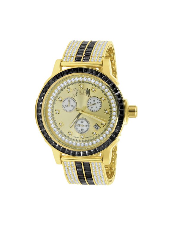 Onyx Black Solid Steel Baguette-Cut Solitaire Bezel Gold Tone Simulated Diamond Adjustable Band Mens Watch W/Date
